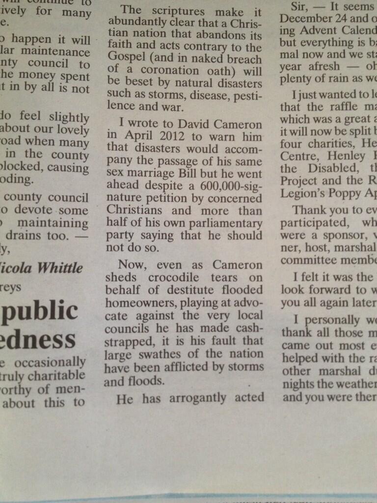 God's vengeance: Cllr Silvester's letter to his local newspaper